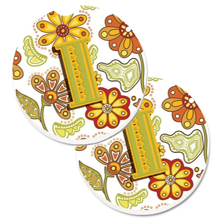 Carolines Treasures Letter I Floral Mustard and Green Set of 2 Cup Holder Car Coaster CJ2003-ICARC
